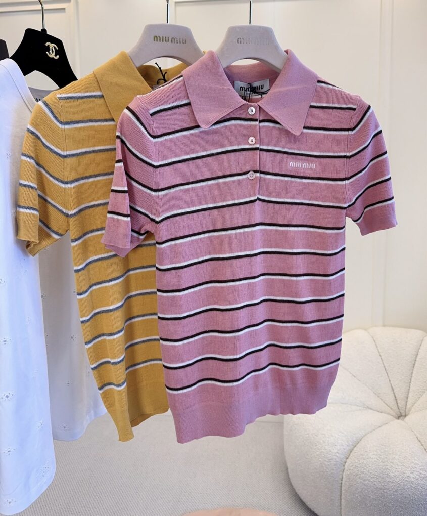 MIU MIU Colorful Striped Knit Polo Shirt For Women